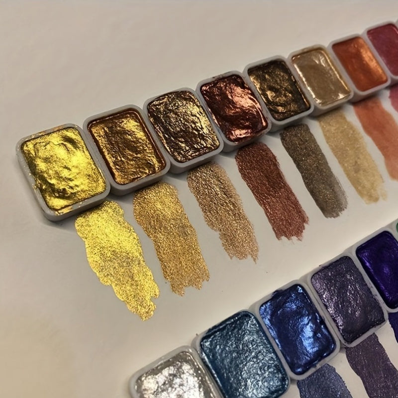 20-Color Pearl Metallic Watercolor Paint Set, Artist Grade High Pigment Shimmer Paints, Portable Square Pan Palette for Artists, Illustration, Calligraphy, and Card Making