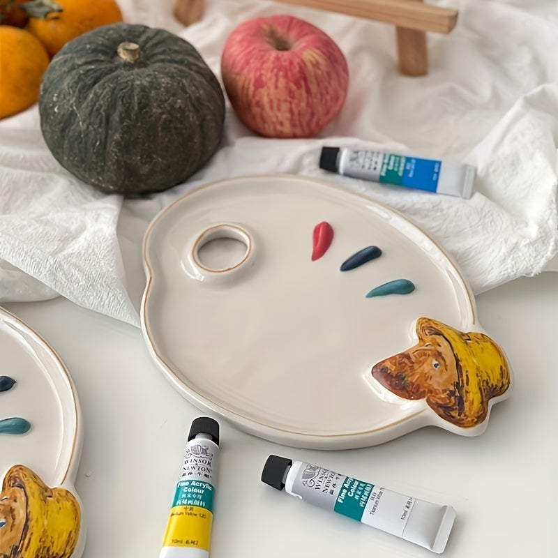 Van Gogh Artist Palette Inspired Ceramic Mixing Tray - Multipurpose Durable Artistic Ceramic Tray for Paints, Fruits, Desserts - Creative Home and Kitchen Decor