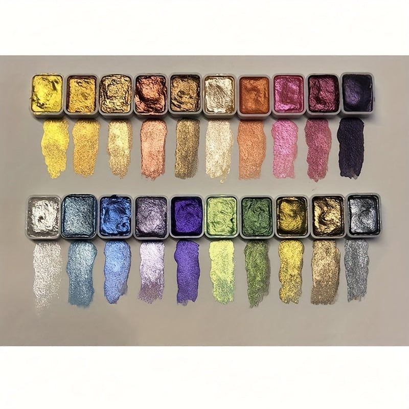20-Color Pearl Metallic Watercolor Paint Set, Artist Grade High Pigment Shimmer Paints, Portable Square Pan Palette for Artists, Illustration, Calligraphy, and Card Making