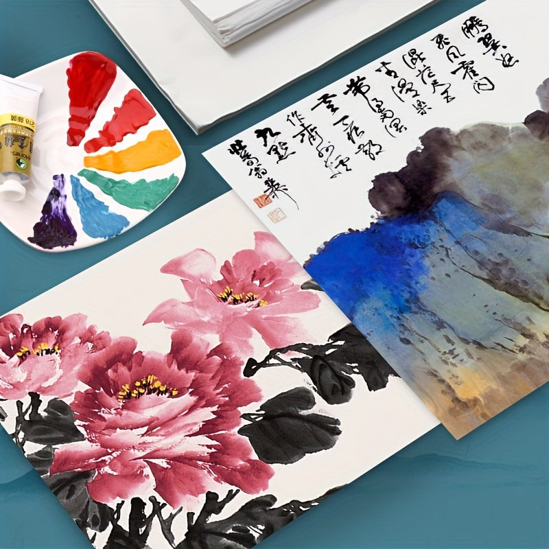 50 Sheets Rice Paper (Raw) For Sumi & Oriental Painting, Ink Drawing, Chinese Calligraphy Writing, Watercolors, Art Supply For Crafts, Beginner, Artist, Professional