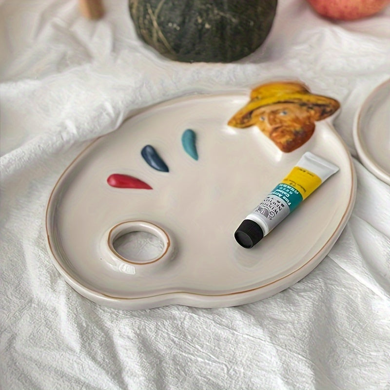 Van Gogh Artist Palette Inspired Ceramic Mixing Tray - Multipurpose Durable Artistic Ceramic Tray for Paints, Fruits, Desserts - Creative Home and Kitchen Decor