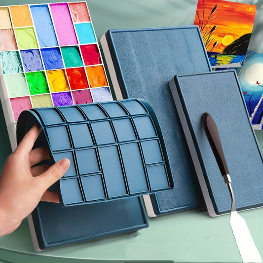 Portable Artist's Paint Mixing Palette - 12/24 Wells, Moisture-Retaining Soft Cover, Acrylic & Gouache Compatible, Ocean Blue