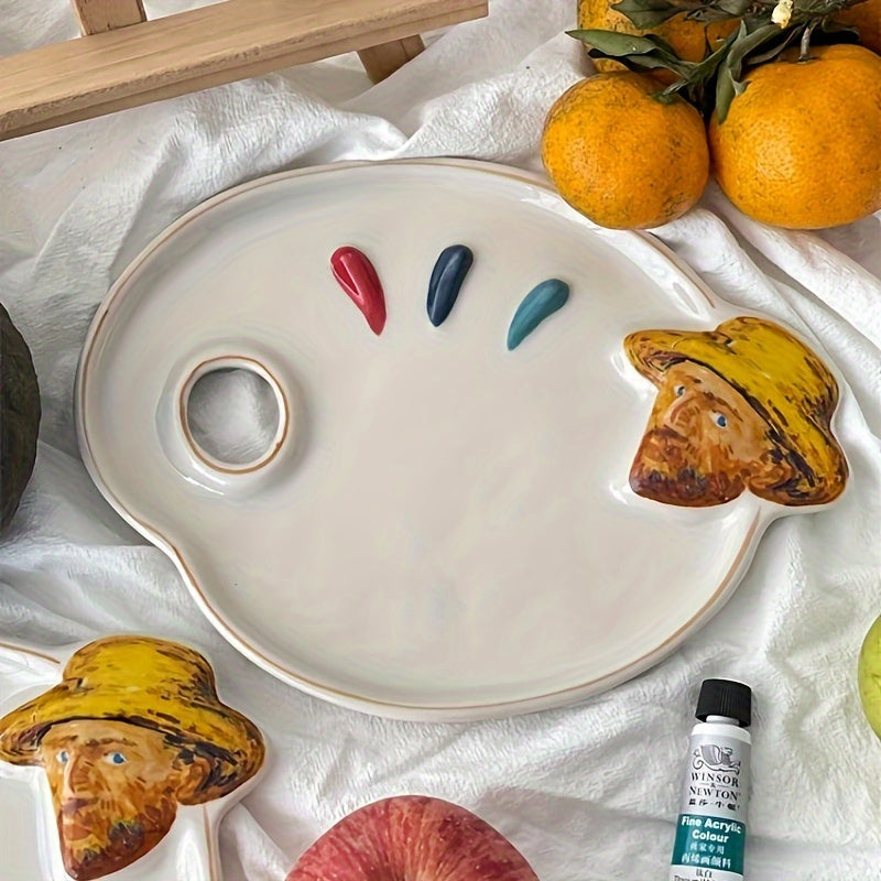 Van Gogh Artist Palette Inspired Ceramic Mixing Tray - Multipurpose Durable Artistic Ceramic Tray for Paints, Fruits, Desserts - Creative Home and Kitchen Decor